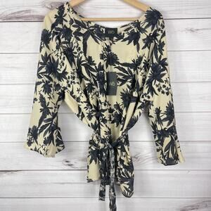 W5 V-Neck Tie Waist Floral Leaves Blouse Tan and Black Size Large NEW